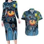 Personalised NAIDOC Week 2025 Blues Football Couples Matching Long Sleeve Bodycon Dress and Hawaiian Shirt Aboriginal Dot Painting