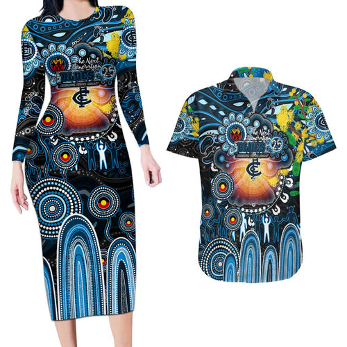 Personalised NAIDOC Week 2025 Blues Football Couples Matching Long Sleeve Bodycon Dress and Hawaiian Shirt Aboriginal Dot Painting