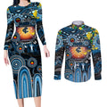 Personalised NAIDOC Week 2025 Blues Football Couples Matching Long Sleeve Bodycon Dress and Long Sleeve Button Shirt Aboriginal Dot Painting