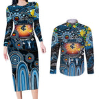 Personalised NAIDOC Week 2025 Blues Football Couples Matching Long Sleeve Bodycon Dress and Long Sleeve Button Shirt Aboriginal Dot Painting