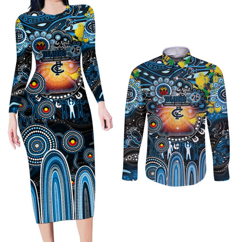 Personalised NAIDOC Week 2025 Blues Football Couples Matching Long Sleeve Bodycon Dress and Long Sleeve Button Shirt Aboriginal Dot Painting