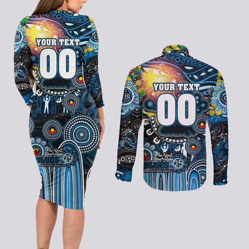 Personalised NAIDOC Week 2025 Blues Football Couples Matching Long Sleeve Bodycon Dress and Long Sleeve Button Shirt Aboriginal Dot Painting