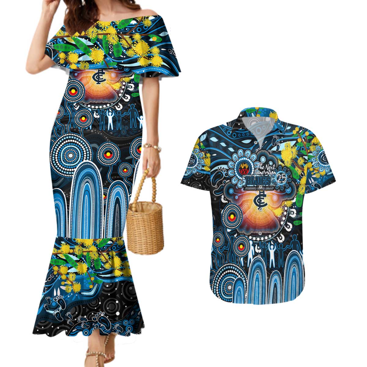 Personalised NAIDOC Week 2025 Blues Football Couples Matching Mermaid Dress and Hawaiian Shirt Aboriginal Dot Painting