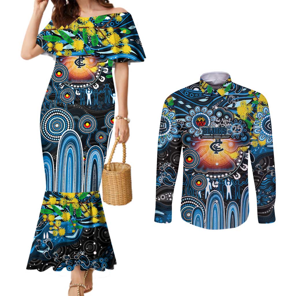 Personalised NAIDOC Week 2025 Blues Football Couples Matching Mermaid Dress and Long Sleeve Button Shirt Aboriginal Dot Painting