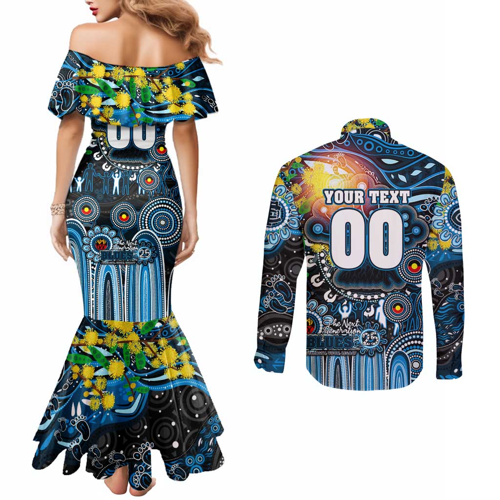 Personalised NAIDOC Week 2025 Blues Football Couples Matching Mermaid Dress and Long Sleeve Button Shirt Aboriginal Dot Painting