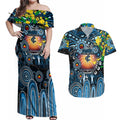 Personalised NAIDOC Week 2025 Blues Football Couples Matching Off Shoulder Maxi Dress and Hawaiian Shirt Aboriginal Dot Painting