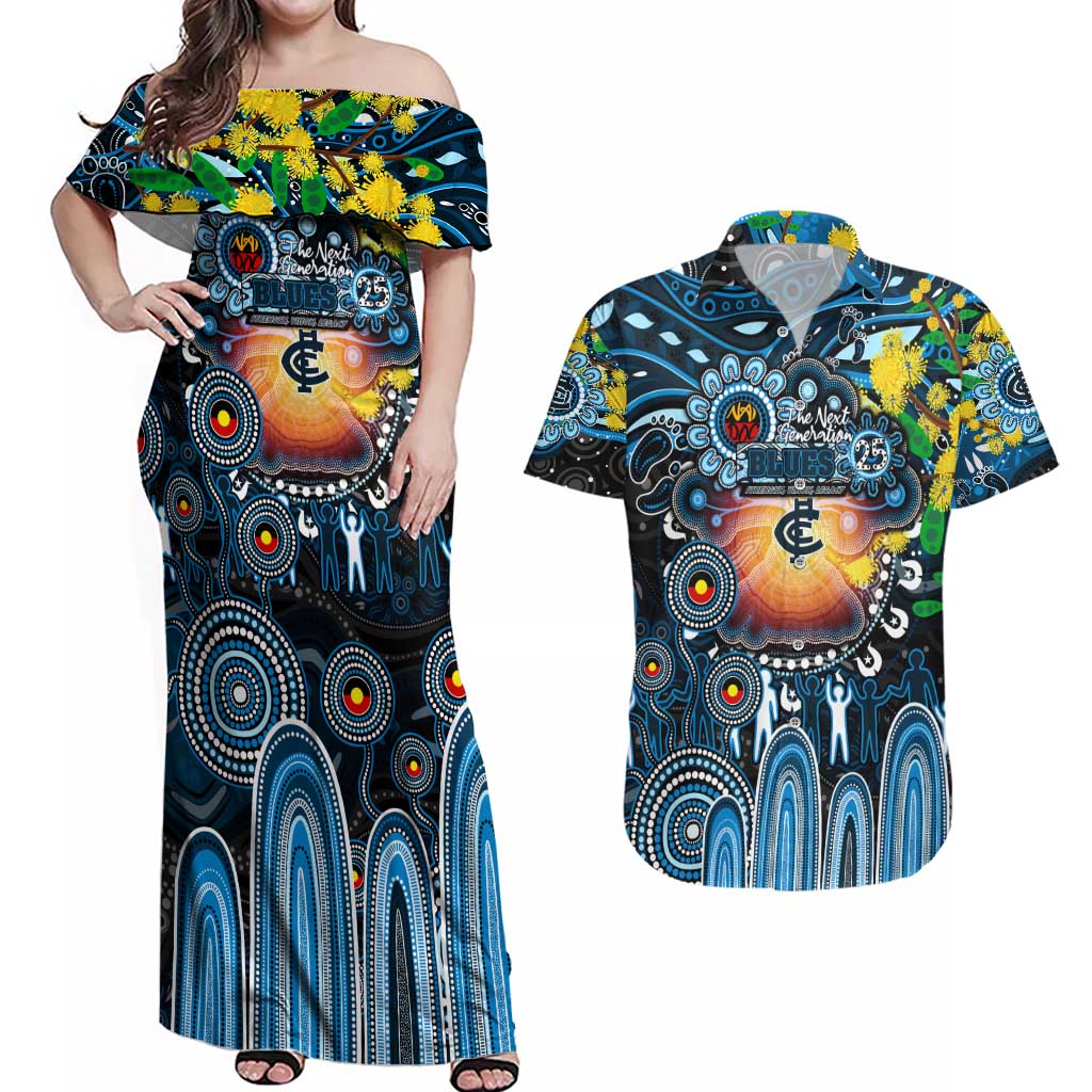 Personalised NAIDOC Week 2025 Blues Football Couples Matching Off Shoulder Maxi Dress and Hawaiian Shirt Aboriginal Dot Painting