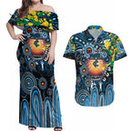 Personalised NAIDOC Week 2025 Blues Football Couples Matching Off Shoulder Maxi Dress and Hawaiian Shirt Aboriginal Dot Painting