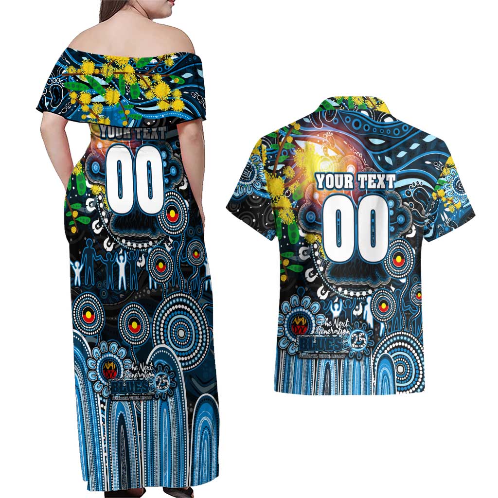 Personalised NAIDOC Week 2025 Blues Football Couples Matching Off Shoulder Maxi Dress and Hawaiian Shirt Aboriginal Dot Painting