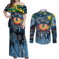Personalised NAIDOC Week 2025 Blues Football Couples Matching Off Shoulder Maxi Dress and Long Sleeve Button Shirt Aboriginal Dot Painting