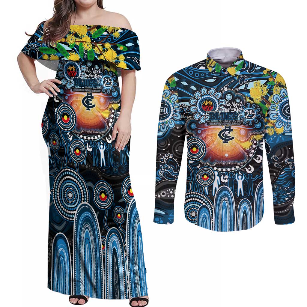 Personalised NAIDOC Week 2025 Blues Football Couples Matching Off Shoulder Maxi Dress and Long Sleeve Button Shirt Aboriginal Dot Painting