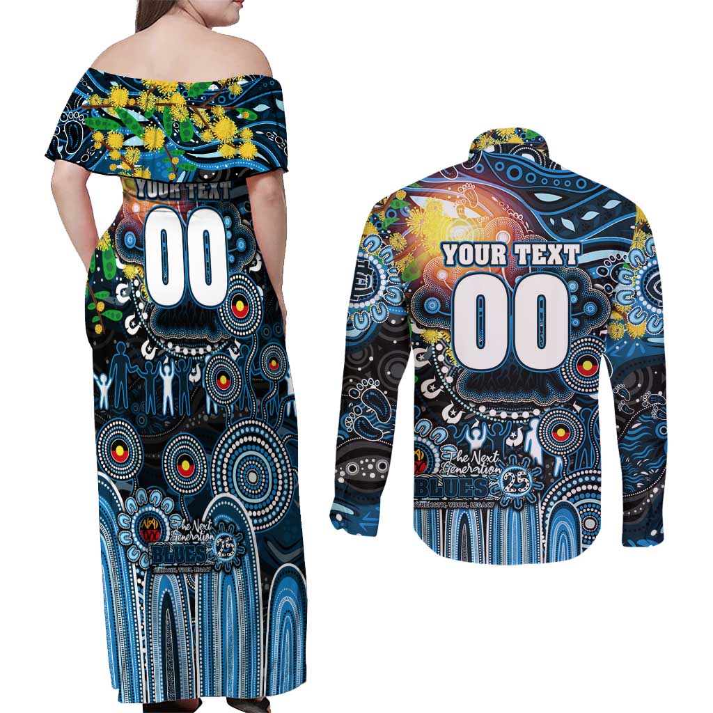 Personalised NAIDOC Week 2025 Blues Football Couples Matching Off Shoulder Maxi Dress and Long Sleeve Button Shirt Aboriginal Dot Painting
