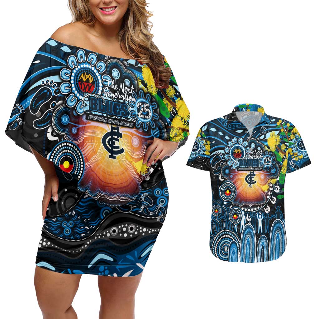Personalised NAIDOC Week 2025 Blues Football Couples Matching Off Shoulder Short Dress and Hawaiian Shirt Aboriginal Dot Painting