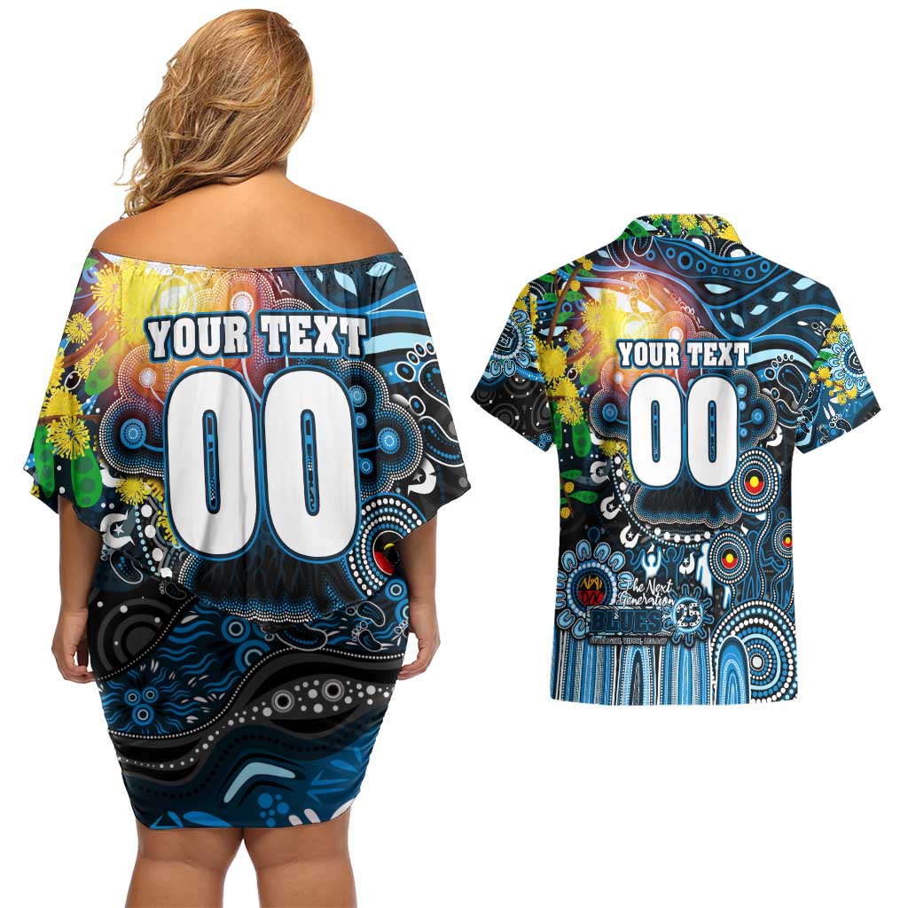 Personalised NAIDOC Week 2025 Blues Football Couples Matching Off Shoulder Short Dress and Hawaiian Shirt Aboriginal Dot Painting
