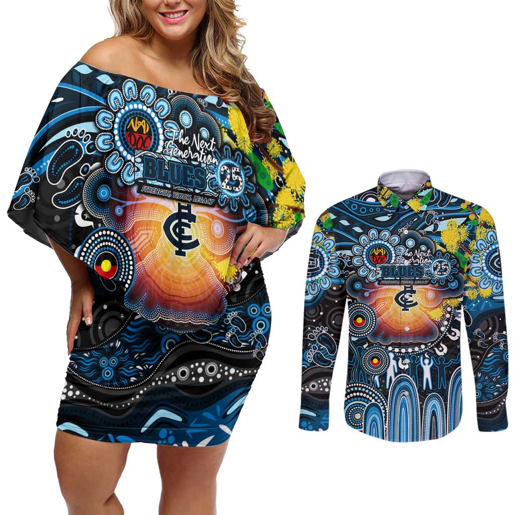 Personalised NAIDOC Week 2025 Blues Football Couples Matching Off Shoulder Short Dress and Long Sleeve Button Shirt Aboriginal Dot Painting