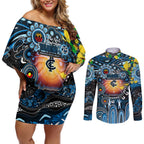 Personalised NAIDOC Week 2025 Blues Football Couples Matching Off Shoulder Short Dress and Long Sleeve Button Shirt Aboriginal Dot Painting
