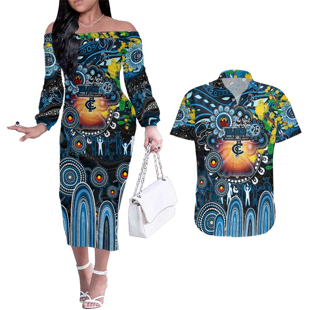 Personalised NAIDOC Week 2025 Blues Football Couples Matching Off The Shoulder Long Sleeve Dress and Hawaiian Shirt Aboriginal Dot Painting