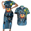 Personalised NAIDOC Week 2025 Blues Football Couples Matching Short Sleeve Bodycon Dress and Hawaiian Shirt Aboriginal Dot Painting