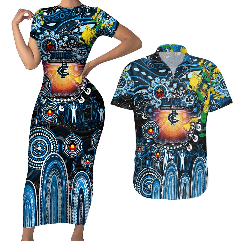 Personalised NAIDOC Week 2025 Blues Football Couples Matching Short Sleeve Bodycon Dress and Hawaiian Shirt Aboriginal Dot Painting
