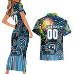Personalised NAIDOC Week 2025 Blues Football Couples Matching Short Sleeve Bodycon Dress and Hawaiian Shirt Aboriginal Dot Painting