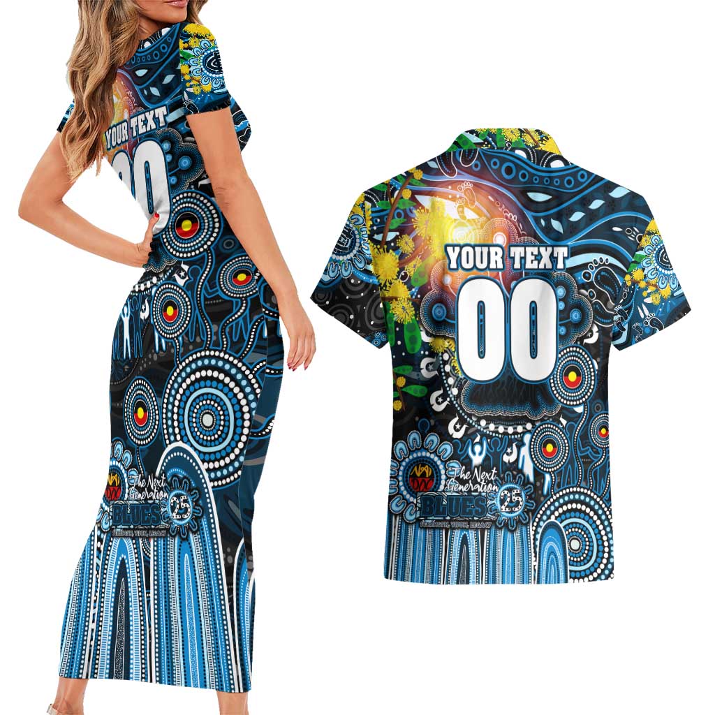 Personalised NAIDOC Week 2025 Blues Football Couples Matching Short Sleeve Bodycon Dress and Hawaiian Shirt Aboriginal Dot Painting