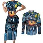 Personalised NAIDOC Week 2025 Blues Football Couples Matching Short Sleeve Bodycon Dress and Long Sleeve Button Shirt Aboriginal Dot Painting