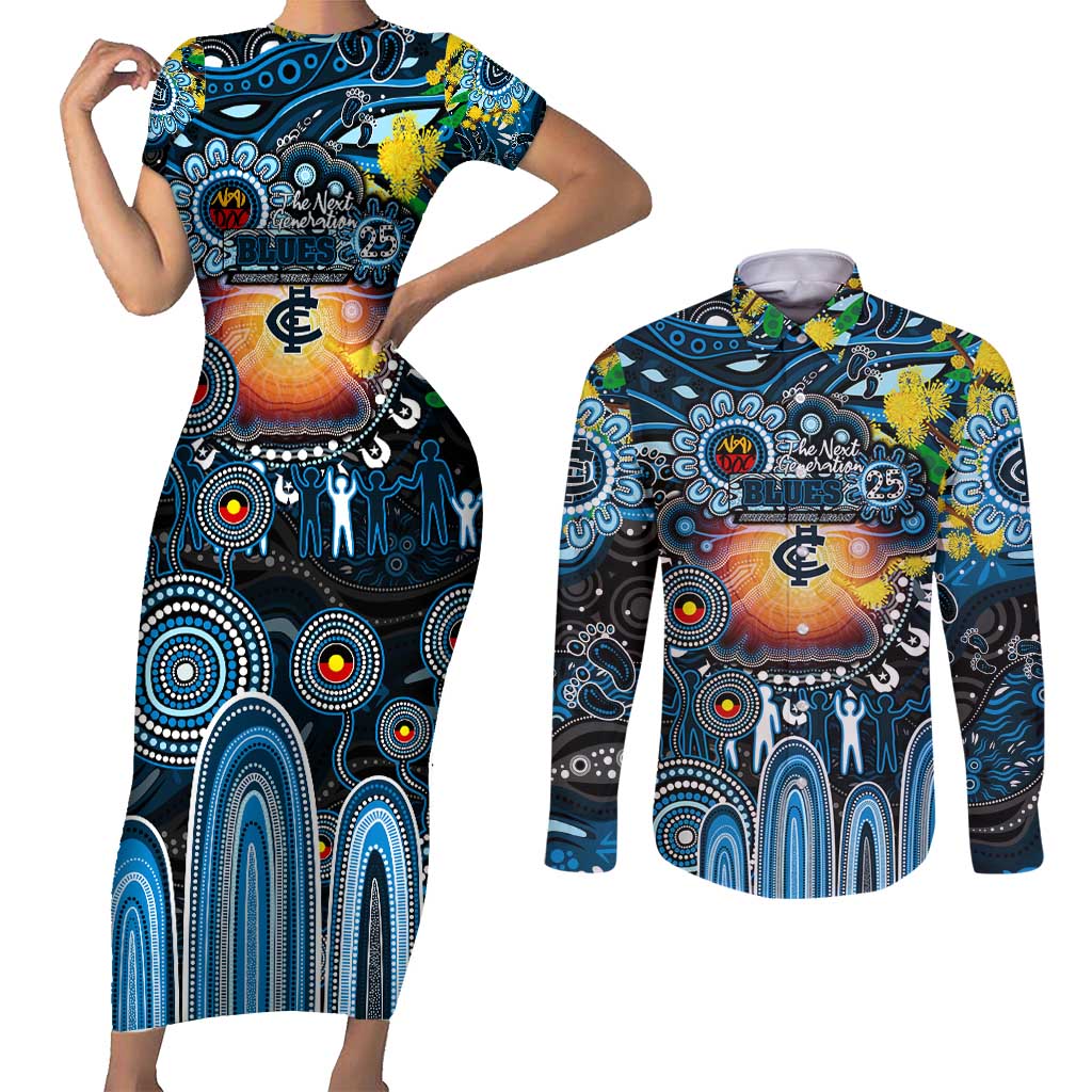 Personalised NAIDOC Week 2025 Blues Football Couples Matching Short Sleeve Bodycon Dress and Long Sleeve Button Shirt Aboriginal Dot Painting