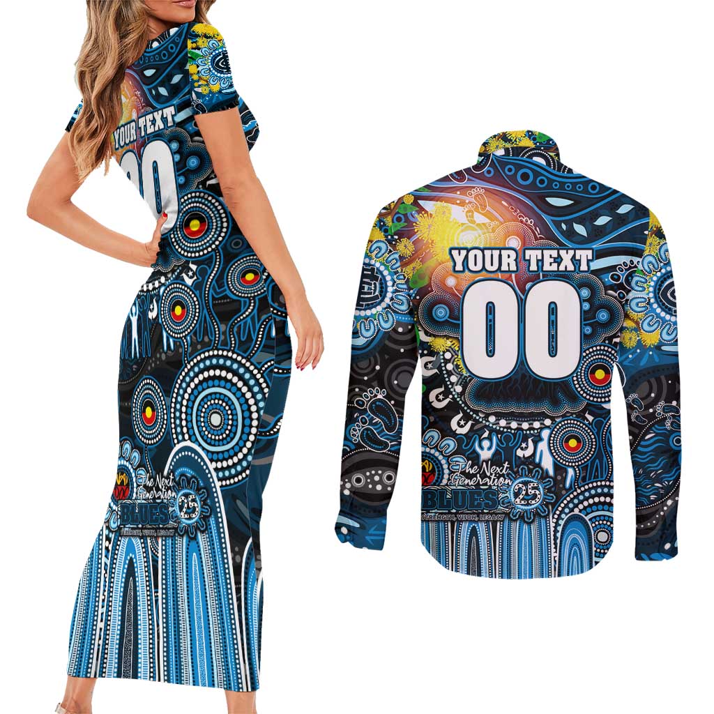 Personalised NAIDOC Week 2025 Blues Football Couples Matching Short Sleeve Bodycon Dress and Long Sleeve Button Shirt Aboriginal Dot Painting