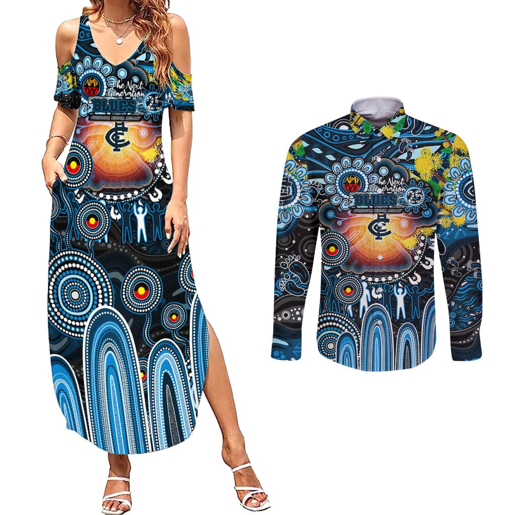 Personalised NAIDOC Week 2025 Blues Football Couples Matching Summer Maxi Dress and Long Sleeve Button Shirt Aboriginal Dot Painting