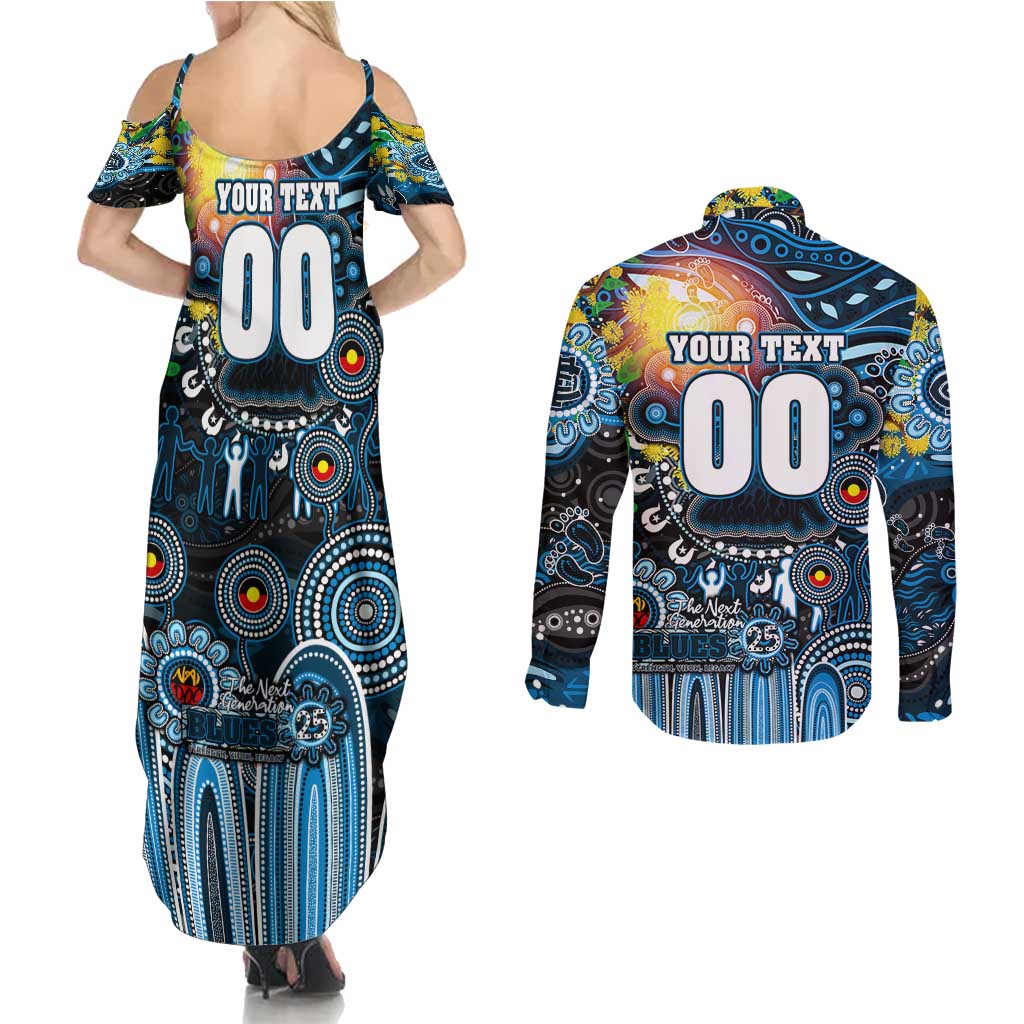 Personalised NAIDOC Week 2025 Blues Football Couples Matching Summer Maxi Dress and Long Sleeve Button Shirt Aboriginal Dot Painting