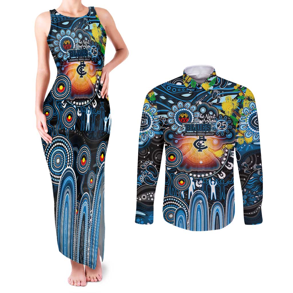 Personalised NAIDOC Week 2025 Blues Football Couples Matching Tank Maxi Dress and Long Sleeve Button Shirt Aboriginal Dot Painting
