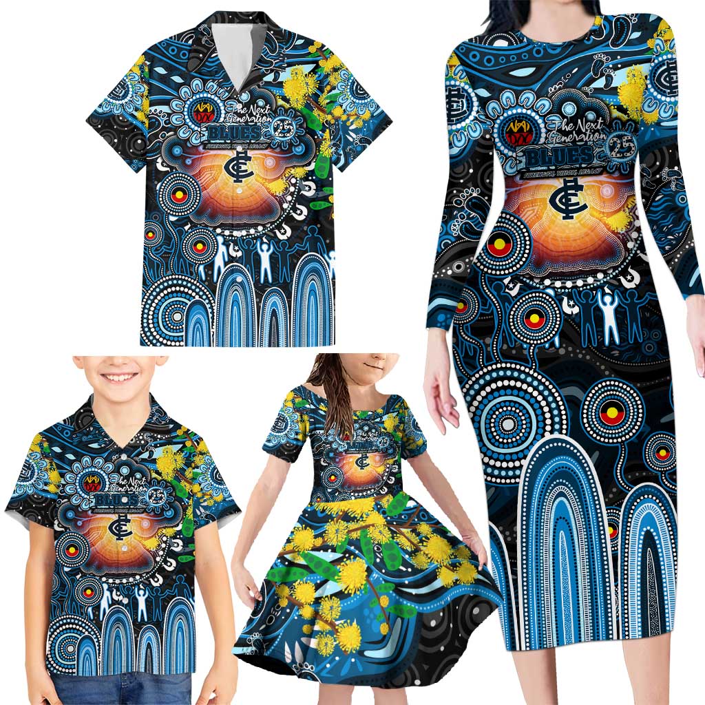 Personalised NAIDOC Week 2025 Blues Football Family Matching Long Sleeve Bodycon Dress and Hawaiian Shirt Aboriginal Dot Painting