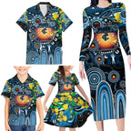 Personalised NAIDOC Week 2025 Blues Football Family Matching Long Sleeve Bodycon Dress and Hawaiian Shirt Aboriginal Dot Painting