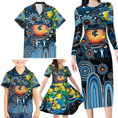 Personalised NAIDOC Week 2025 Blues Football Family Matching Long Sleeve Bodycon Dress and Hawaiian Shirt Aboriginal Dot Painting