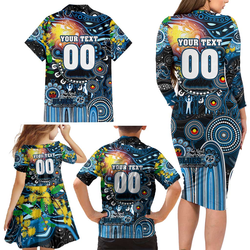 Personalised NAIDOC Week 2025 Blues Football Family Matching Long Sleeve Bodycon Dress and Hawaiian Shirt Aboriginal Dot Painting