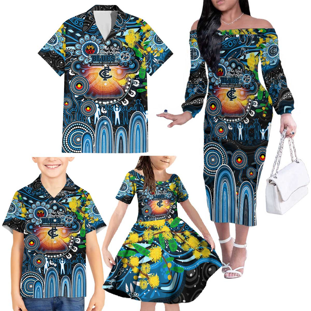 Personalised NAIDOC Week 2025 Blues Football Family Matching Off The Shoulder Long Sleeve Dress and Hawaiian Shirt Aboriginal Dot Painting