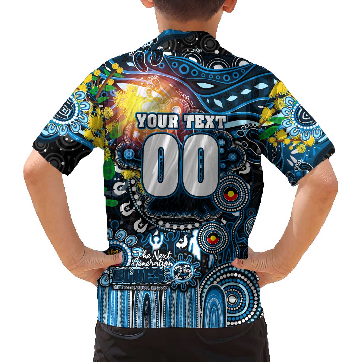 Personalised NAIDOC Week 2025 Blues Football Family Matching Off The Shoulder Long Sleeve Dress and Hawaiian Shirt Aboriginal Dot Painting