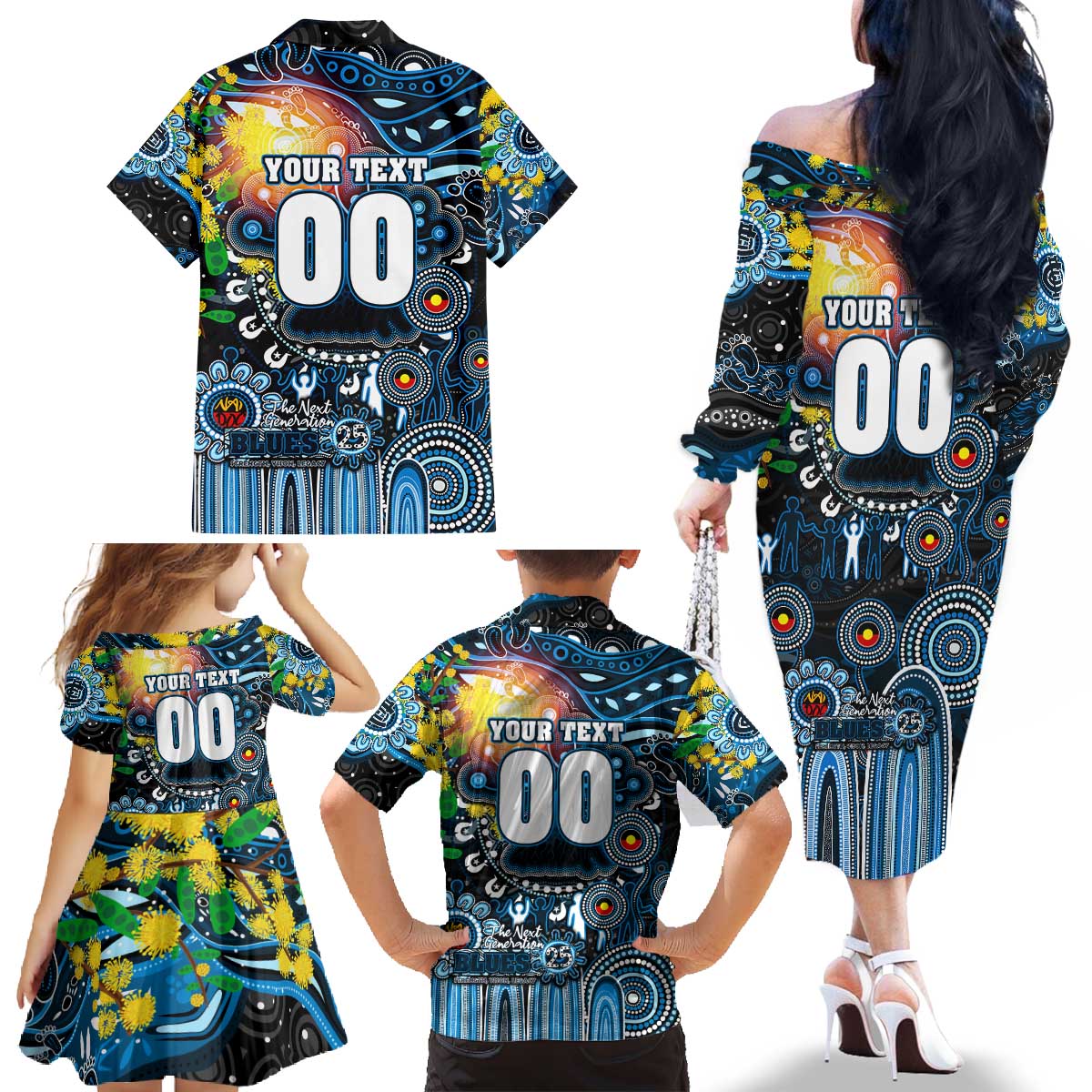 Personalised NAIDOC Week 2025 Blues Football Family Matching Off The Shoulder Long Sleeve Dress and Hawaiian Shirt Aboriginal Dot Painting