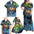 Personalised NAIDOC Week 2025 Blues Football Family Matching Off Shoulder Maxi Dress and Hawaiian Shirt Aboriginal Dot Painting