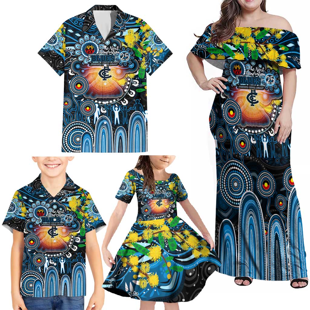 Personalised NAIDOC Week 2025 Blues Football Family Matching Off Shoulder Maxi Dress and Hawaiian Shirt Aboriginal Dot Painting