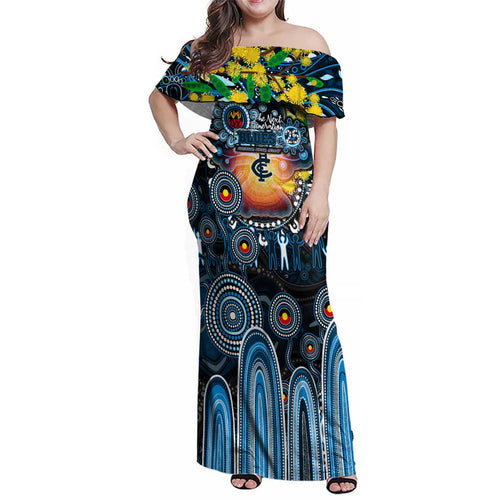 Personalised NAIDOC Week 2025 Blues Football Family Matching Off Shoulder Maxi Dress and Hawaiian Shirt Aboriginal Dot Painting