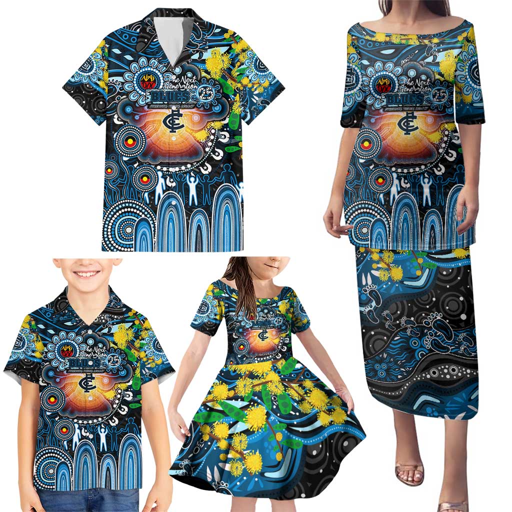 Personalised NAIDOC Week 2025 Blues Football Family Matching Puletasi and Hawaiian Shirt Aboriginal Dot Painting