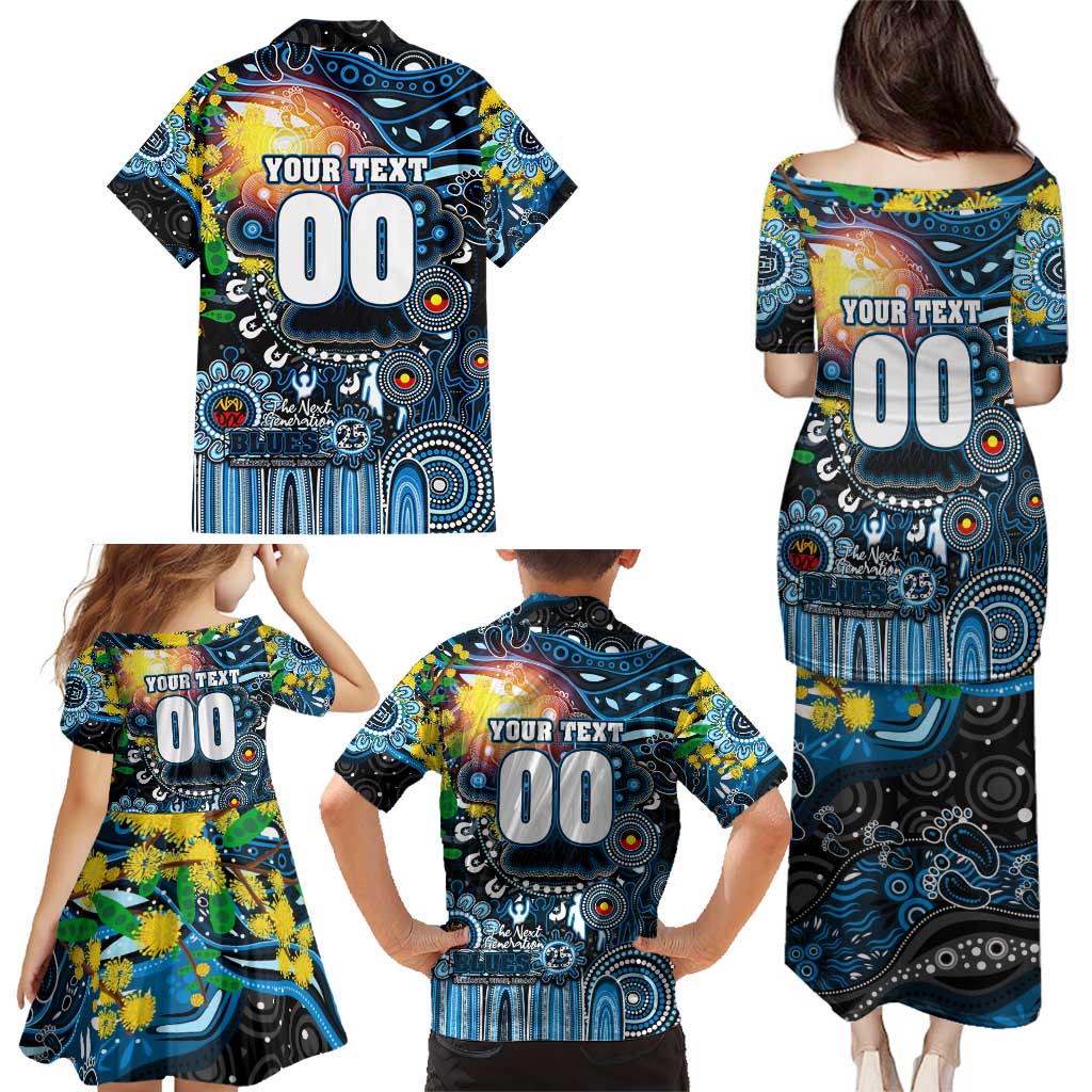 Personalised NAIDOC Week 2025 Blues Football Family Matching Puletasi and Hawaiian Shirt Aboriginal Dot Painting