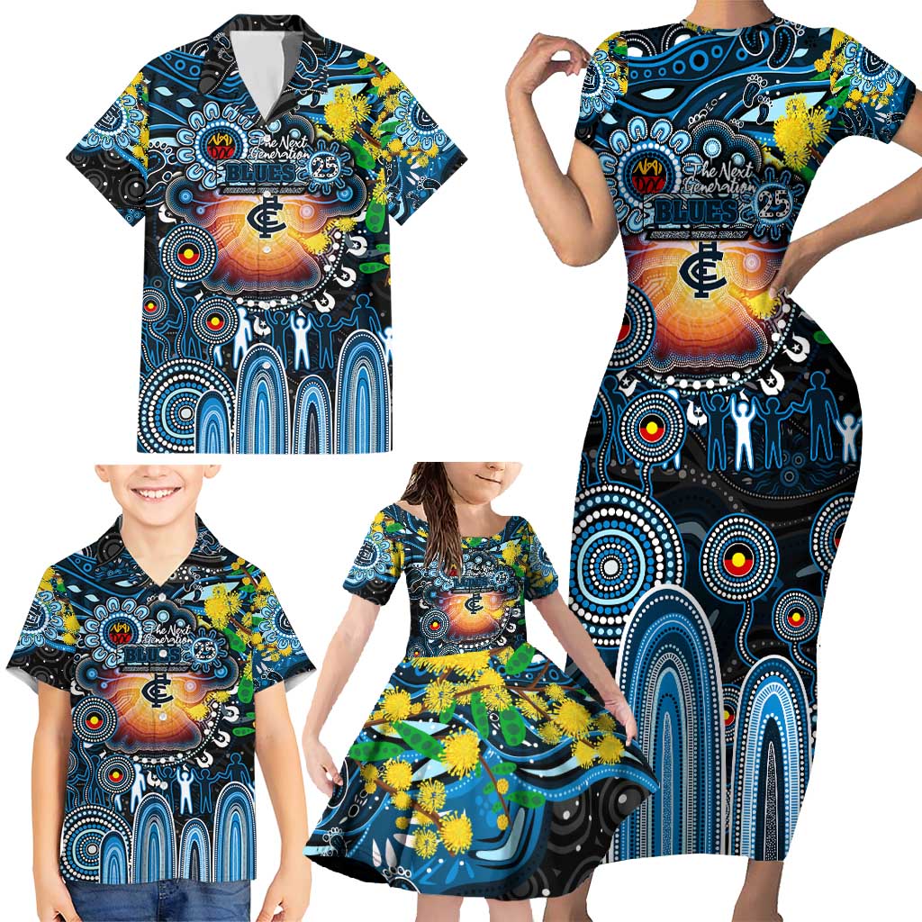 Personalised NAIDOC Week 2025 Blues Football Family Matching Short Sleeve Bodycon Dress and Hawaiian Shirt Aboriginal Dot Painting