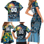Personalised NAIDOC Week 2025 Blues Football Family Matching Short Sleeve Bodycon Dress and Hawaiian Shirt Aboriginal Dot Painting