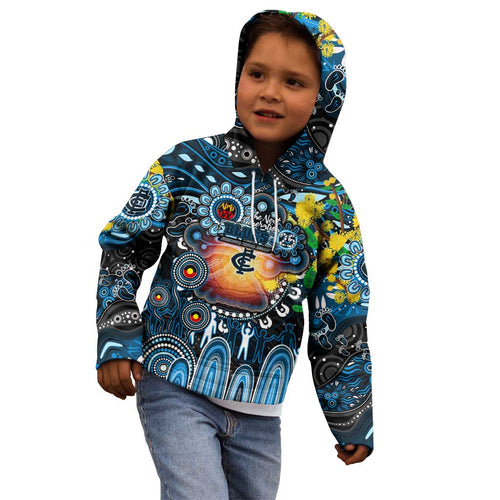 Personalised NAIDOC Week 2025 Blues Football Kid Hoodie Aboriginal Dot Painting