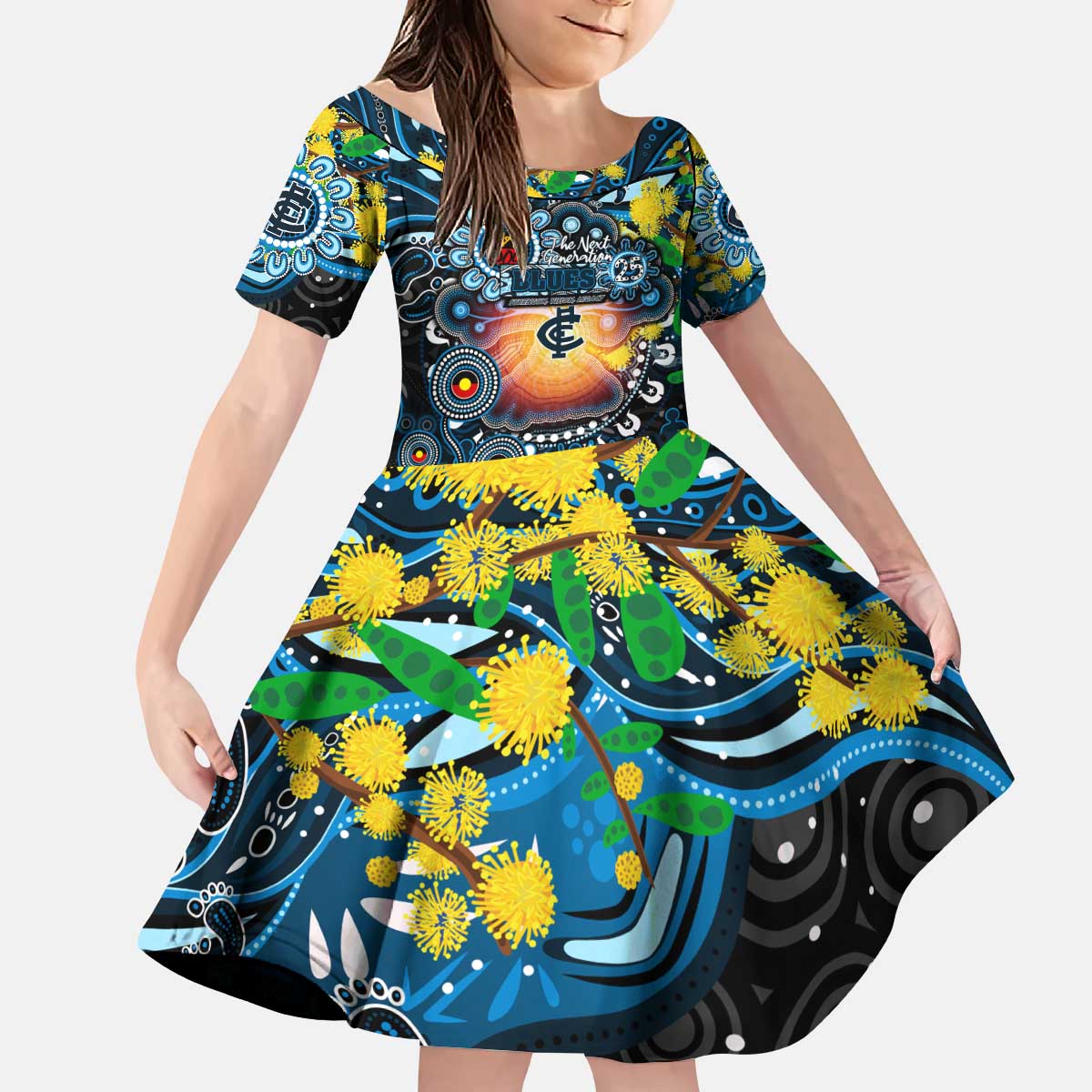 Personalised NAIDOC Week 2025 Blues Football Kid Short Sleeve Dress Aboriginal Dot Painting