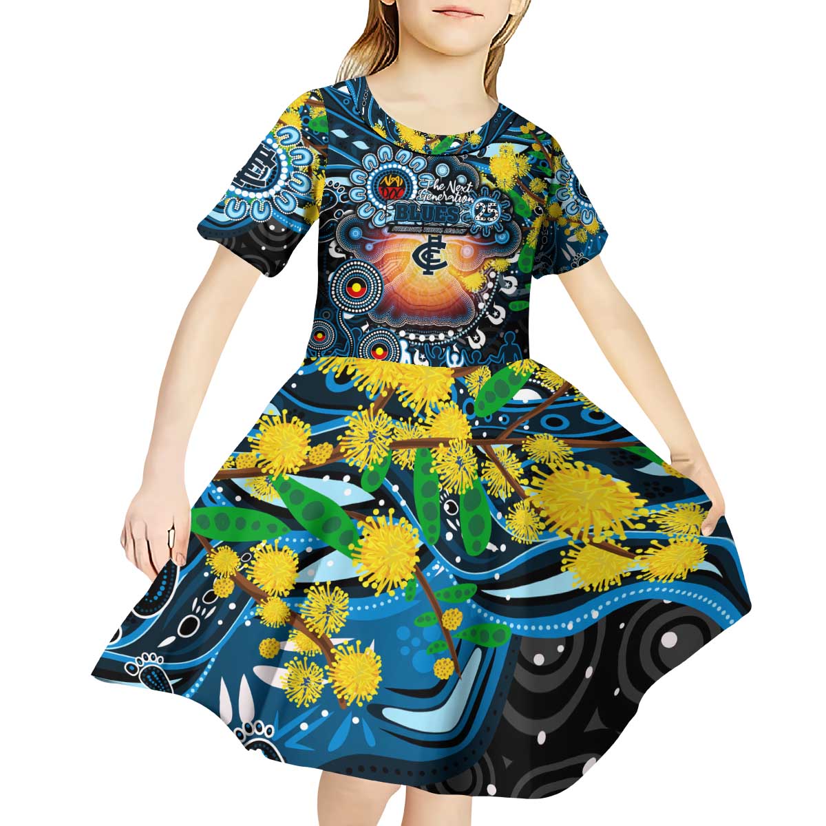 Personalised NAIDOC Week 2025 Blues Football Kid Short Sleeve Dress Aboriginal Dot Painting