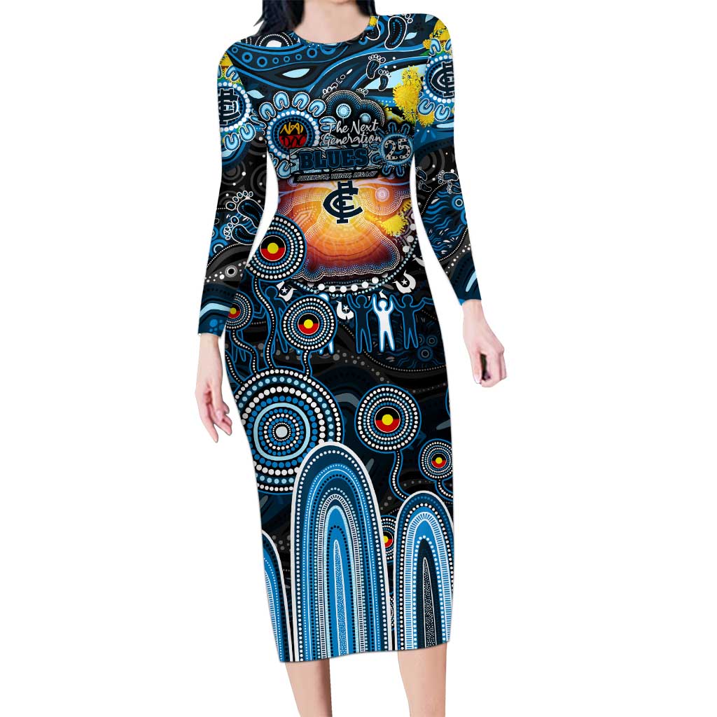Personalised NAIDOC Week 2025 Blues Football Long Sleeve Bodycon Dress Aboriginal Dot Painting