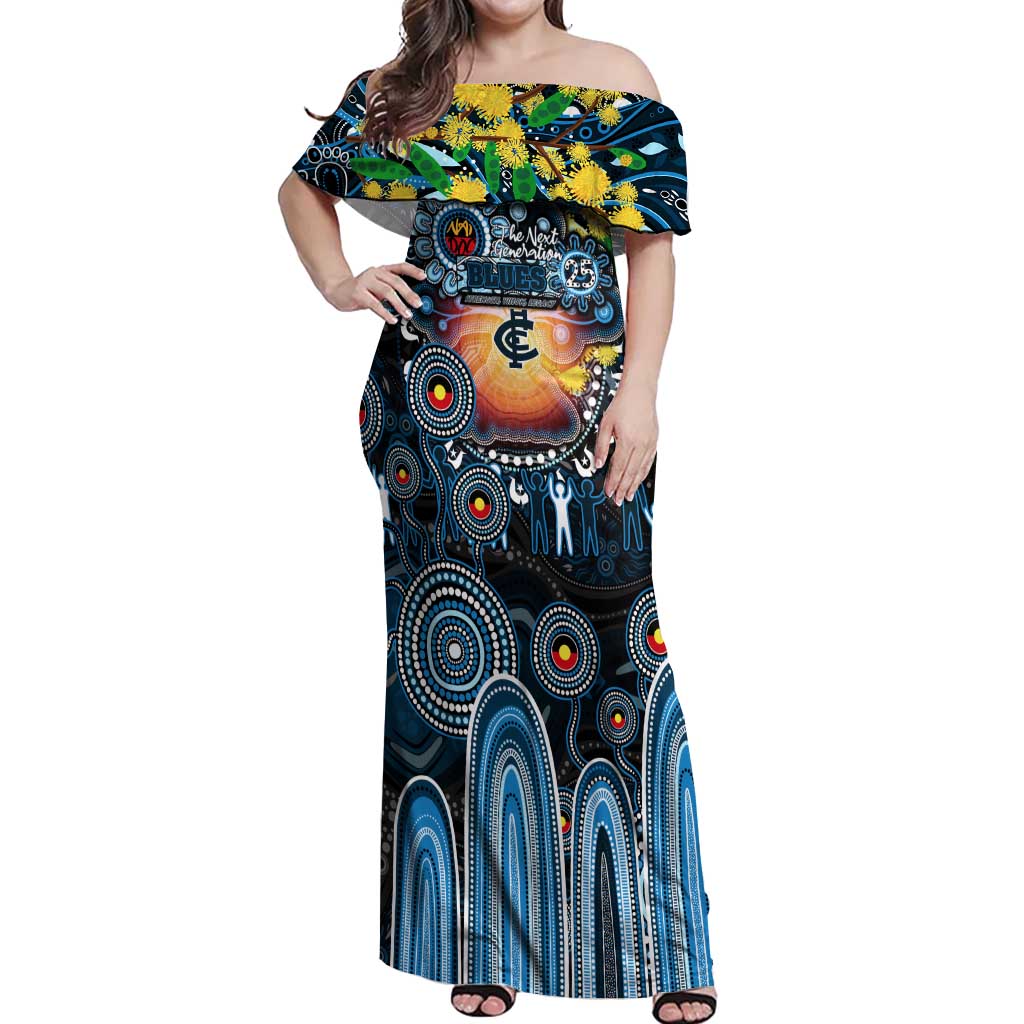 Personalised NAIDOC Week 2025 Blues Football Off Shoulder Maxi Dress Aboriginal Dot Painting